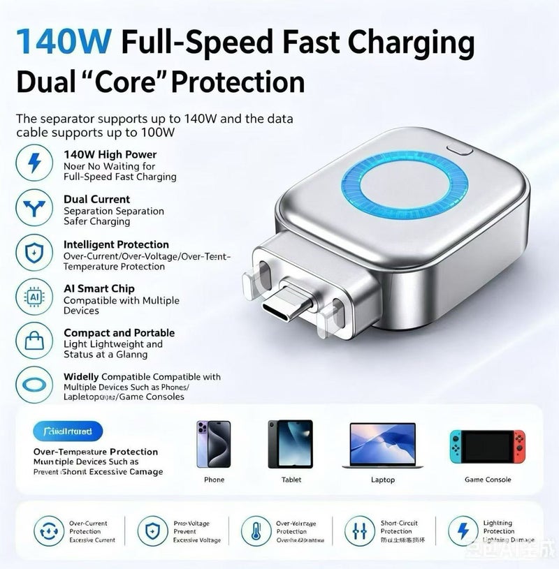 Gulf Trend شاحن سريع 140 واط USB C مع خاصية الإخراج التلقائي، فاصل شحن ذكي مع إيقاف التشغيل التلقائي، حماية ذكية للبطارية، شاحن سريع من نوع C مع حماية من الشحن الزائد ودرجة الحرارة للهاتف، الجهاز اللوحي، الكمبيوتر المحمول وجميع أجهزة Type-C - Image 3