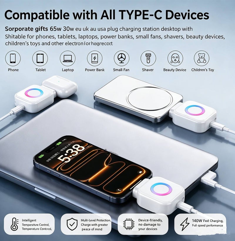 Gulf Trend شاحن سريع 140 واط USB C مع خاصية الإخراج التلقائي، فاصل شحن ذكي مع إيقاف التشغيل التلقائي، حماية ذكية للبطارية، شاحن سريع من نوع C مع حماية من الشحن الزائد ودرجة الحرارة للهاتف، الجهاز اللوحي، الكمبيوتر المحمول وجميع أجهزة Type-C - Image 2