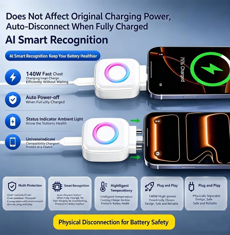 Gulf Trend شاحن سريع 140 واط USB C مع خاصية الإخراج التلقائي، فاصل شحن ذكي مع إيقاف التشغيل التلقائي، حماية ذكية للبطارية، شاحن سريع من نوع C مع حماية من الشحن الزائد ودرجة الحرارة للهاتف، الجهاز اللوحي، الكمبيوتر المحمول وجميع أجهزة Type-C - Image 4