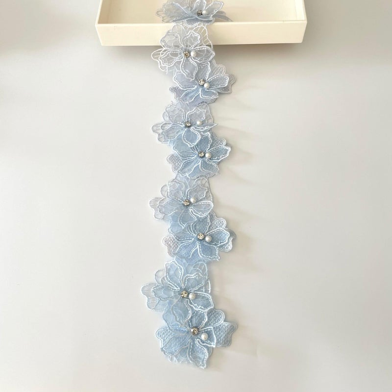 2 Yards 3D Flower Lace Trim Pearl Beads Floral Embroidered Lace Trim Fabric Floral Appliques Lace Ribbon Handmade DIY Sewing Supplies Craft for Costume Hat Decoration Blue