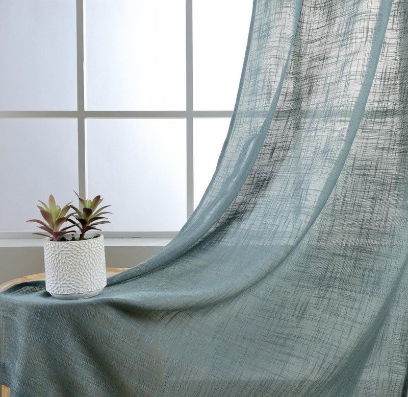 MIUCO Semi Sheer Curtains Poly Linen Textured Solid Grommet Curtains 95 Inches Long for Bedroom 2 Panels (2 x 37 Wide x 95" Long) Teal - Image 3