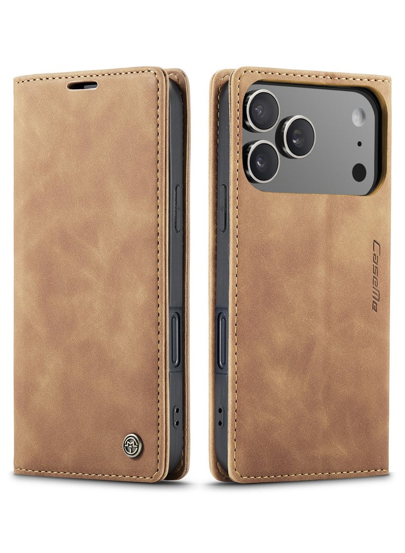 CaseMe Phone Case Luxury PU Leather Design 013 Flip Cover Card Slot Holder Cover For IPhone 17 Pro Max (Brown) - Image 1