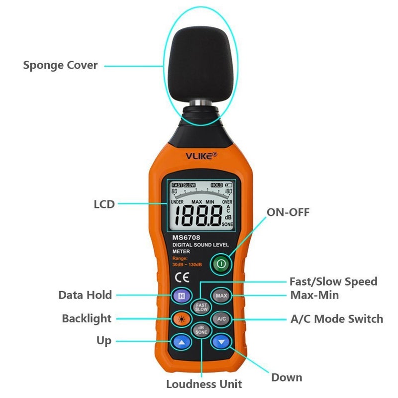 Vlike VLIKE LCD Digital Audio Decibel Meter Sound Level Meter Noise Level Meter Sound Monitor dB Meter Noise Measurement Measuring 30 dB to 130 dB A/C Mode (Batteries Not Include)  - Image 2