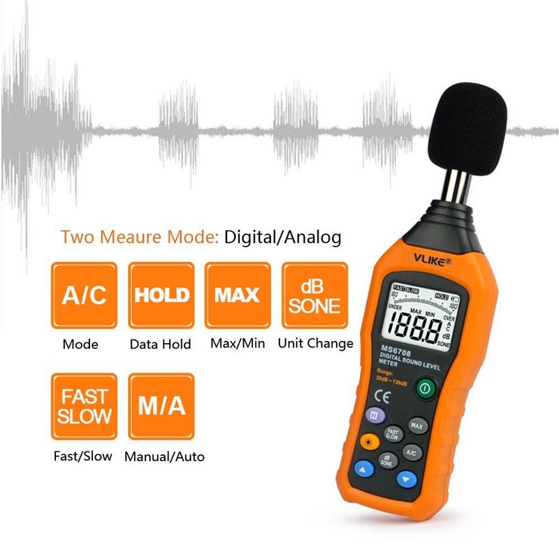 Vlike VLIKE LCD Digital Audio Decibel Meter Sound Level Meter Noise Level Meter Sound Monitor dB Meter Noise Measurement Measuring 30 dB to 130 dB A/C Mode (Batteries Not Include)  - Image 5