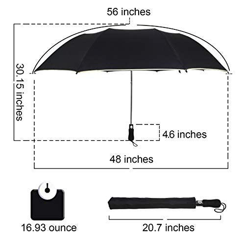 Filloxy Large Automatic button Umbrella, 56-inch Double Layer with Reflective Stripe Big canopy, 8 Ribs Windproof Design Heavy Material, Black - Image 2