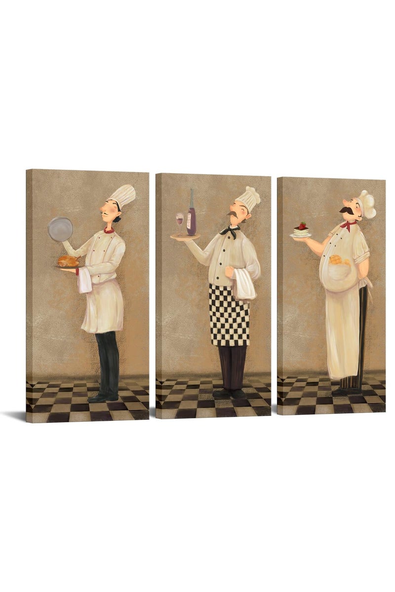 iHAPPYWALL ALAYRA Funny French Chef Vintage Poster Print, 3 Pieces Kitchen Wall Decor Pictures Stretched and Framed for Kitchen Dining Room Chef Restaurant, Ready to Hang 16x32inchx3pcs - Image 1