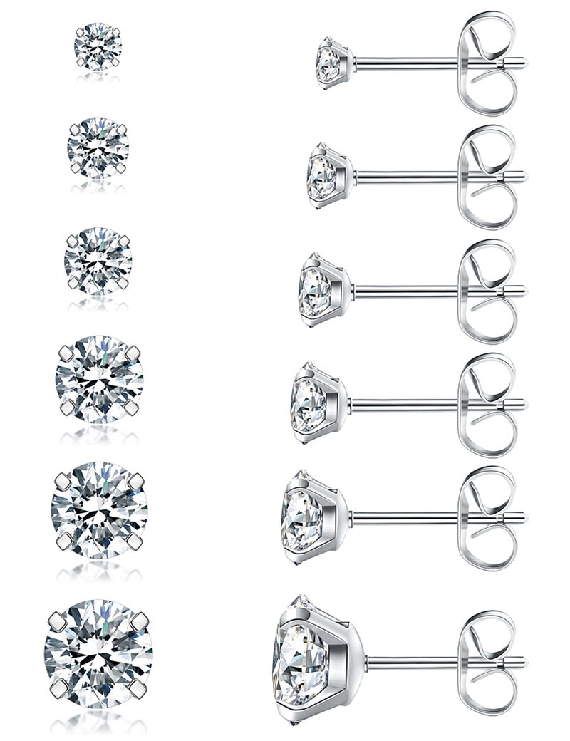 WSSXC 6 Pairs Stud Earrings Set, Hypoallergenic Cubic Zirconia 316L Earrings Stainless Steel CZ Earrings 3-8mm (Steel color) - Image 1