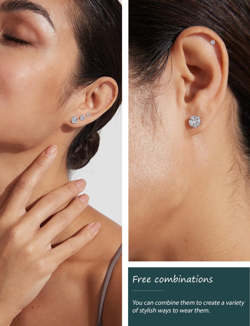 WSSXC 6 Pairs Stud Earrings Set, Hypoallergenic Cubic Zirconia 316L Earrings Stainless Steel CZ Earrings 3-8mm (Steel color) - Image 3