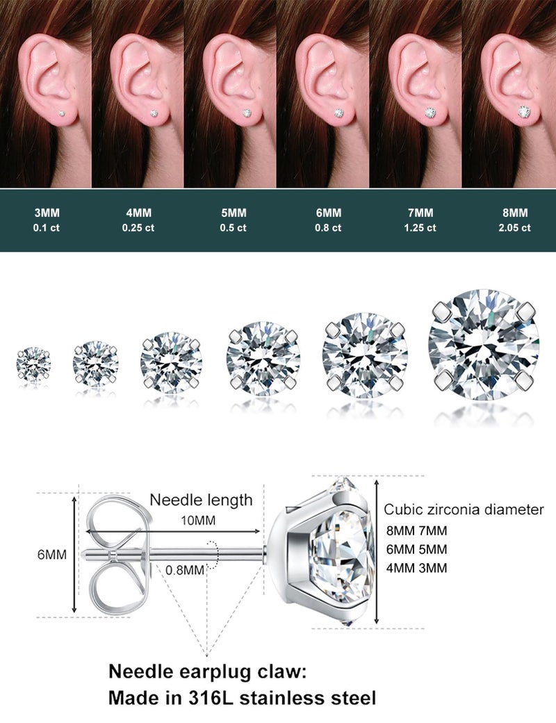 WSSXC 6 Pairs Stud Earrings Set, Hypoallergenic Cubic Zirconia 316L Earrings Stainless Steel CZ Earrings 3-8mm (Steel color) - Image 5