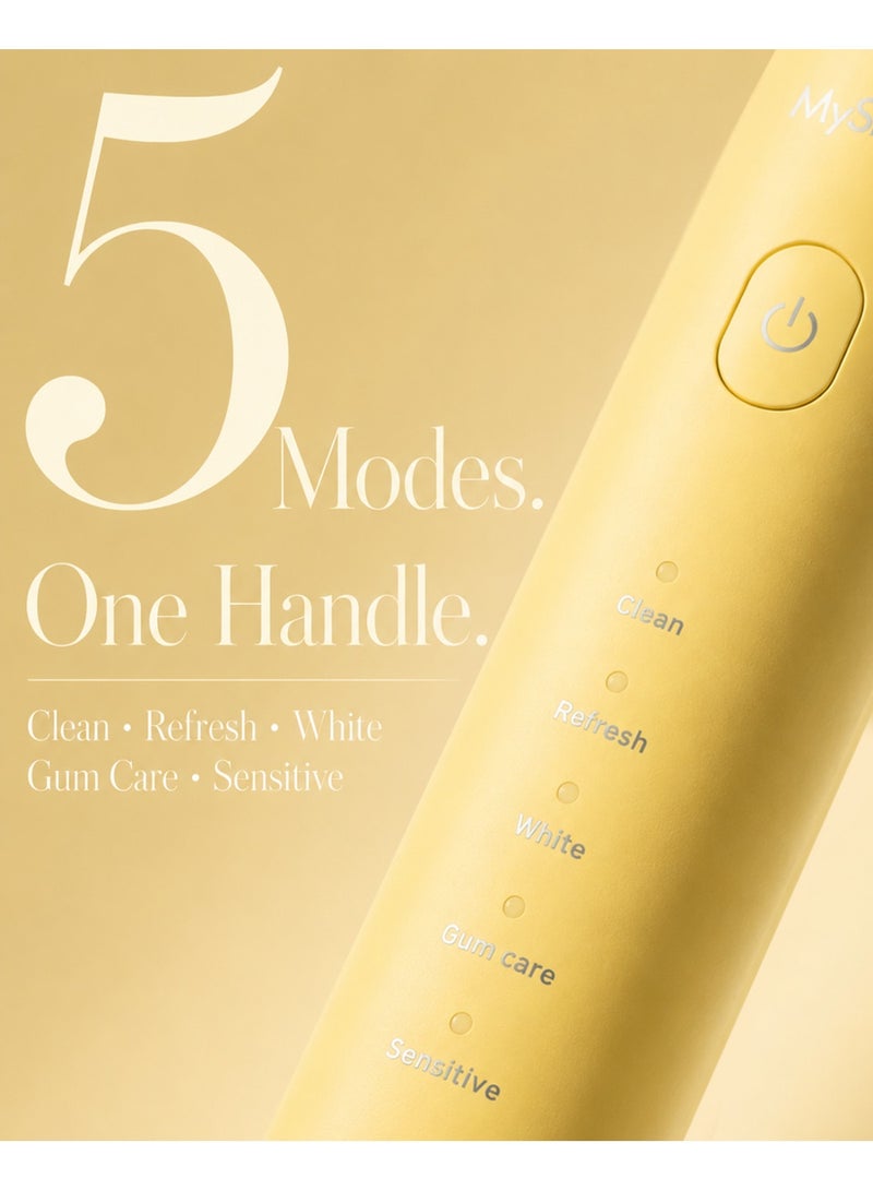 MySmile DY156 Electric Toothbrush for Adults, Rechargeable and Portable Sonic Toothbrush with 3 Brush Heads, Smart 2-Minute Timer and 5 Modes, 45,000 RPM, One Charge Lasts 60 Days (Yellow, Medium Size) - Image 3