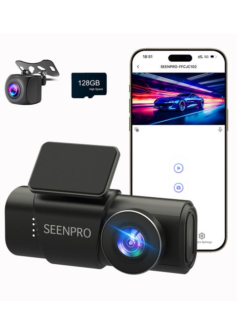 4K Dash Cam, Dash Camera Front and Rear, Include 128GB Card, Built-in Wi-Fi, 170° Wide Angle, Night Vision, HDR, G-Sensor, 1.47” Screen, Parking Mode, Loop Recording, App Control