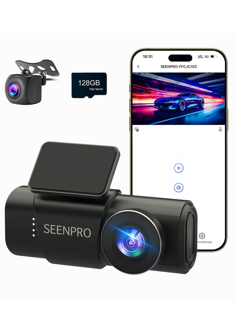 سين برو كاميرا سيارة 4K أمامية وخلفية، تشمل بطاقة 128 جيجابايت، مدمجة بشبكة Wi-Fi، زاوية عرض واسعة 170°، رؤية ليلية، تقنية HDR، مستشعر G، شاشة 1.47 بوصة، وضع ركن السيارة، تسجيل متواصل، تحكم عبر التطبيق.  - Image 1