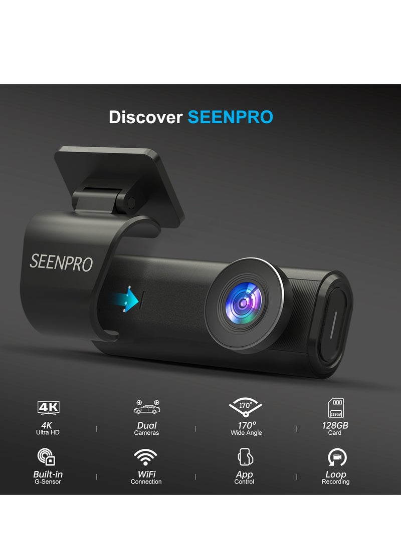 سين برو كاميرا سيارة 4K أمامية وخلفية، تشمل بطاقة 128 جيجابايت، مدمجة بشبكة Wi-Fi، زاوية عرض واسعة 170°، رؤية ليلية، تقنية HDR، مستشعر G، شاشة 1.47 بوصة، وضع ركن السيارة، تسجيل متواصل، تحكم عبر التطبيق.  - Image 2
