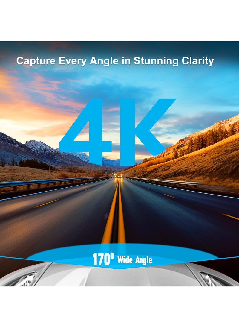 سين برو كاميرا سيارة 4K أمامية وخلفية، تشمل بطاقة 128 جيجابايت، مدمجة بشبكة Wi-Fi، زاوية عرض واسعة 170°، رؤية ليلية، تقنية HDR، مستشعر G، شاشة 1.47 بوصة، وضع ركن السيارة، تسجيل متواصل، تحكم عبر التطبيق.  - Image 3