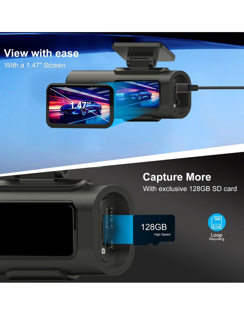 سين برو كاميرا سيارة 4K أمامية وخلفية، تشمل بطاقة 128 جيجابايت، مدمجة بشبكة Wi-Fi، زاوية عرض واسعة 170°، رؤية ليلية، تقنية HDR، مستشعر G، شاشة 1.47 بوصة، وضع ركن السيارة، تسجيل متواصل، تحكم عبر التطبيق.  - Image 4