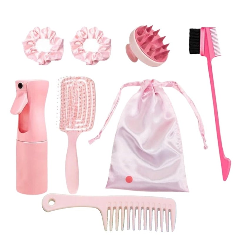 Generic 7pcs Hair Essentials Set: Spray Bottle, Detangling Brush, Scalp Massager, Brow & Lash Grooming Tool, Styling Comb, and Fabric Hair Tie - For All Ages and Relaxation at Home 