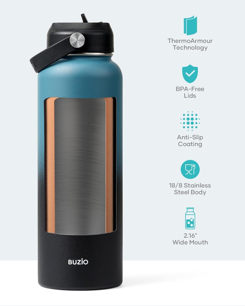 BUZIO Water Bottle with Straw Lid and Flex Cap, 40oz Double Vacuum Stainless Steel Water Flask, Cold for 48 Hrs Hot for 24 Hrs Simple Thermo Canteen Mug, Indigo Black - Image 4
