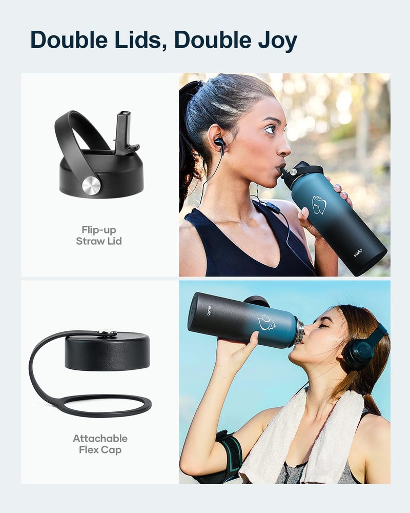 BUZIO Water Bottle with Straw Lid and Flex Cap, 40oz Double Vacuum Stainless Steel Water Flask, Cold for 48 Hrs Hot for 24 Hrs Simple Thermo Canteen Mug, Indigo Black - Image 3