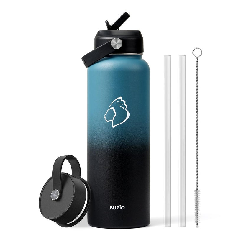 BUZIO Water Bottle with Straw Lid and Flex Cap, 40oz Double Vacuum Stainless Steel Water Flask, Cold for 48 Hrs Hot for 24 Hrs Simple Thermo Canteen Mug, Indigo Black - Image 1