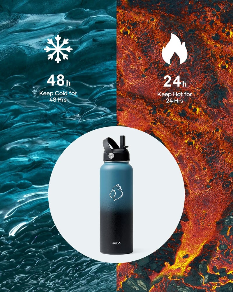 BUZIO Water Bottle with Straw Lid and Flex Cap, 40oz Double Vacuum Stainless Steel Water Flask, Cold for 48 Hrs Hot for 24 Hrs Simple Thermo Canteen Mug, Indigo Black - Image 2