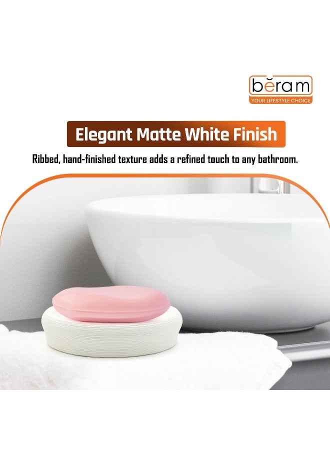 بيرام مجموعة بحركة بيضاء لخدمات الحمام برام 5 قطع تصميم خزفي ذو نسيج طبيعي مع موزع صابون حاملة فرشاة أسنان كوب حاملة متعددة الاستخدامات وصحن صابون (حامل صابون) - Image 3