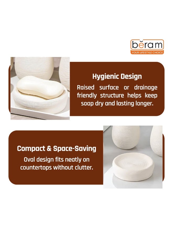 بيرام مجموعة بحركة بيضاء لخدمات الحمام برام 5 قطع تصميم خزفي ذو نسيج طبيعي مع موزع صابون حاملة فرشاة أسنان كوب حاملة متعددة الاستخدامات وصحن صابون (حامل صابون) - Image 4