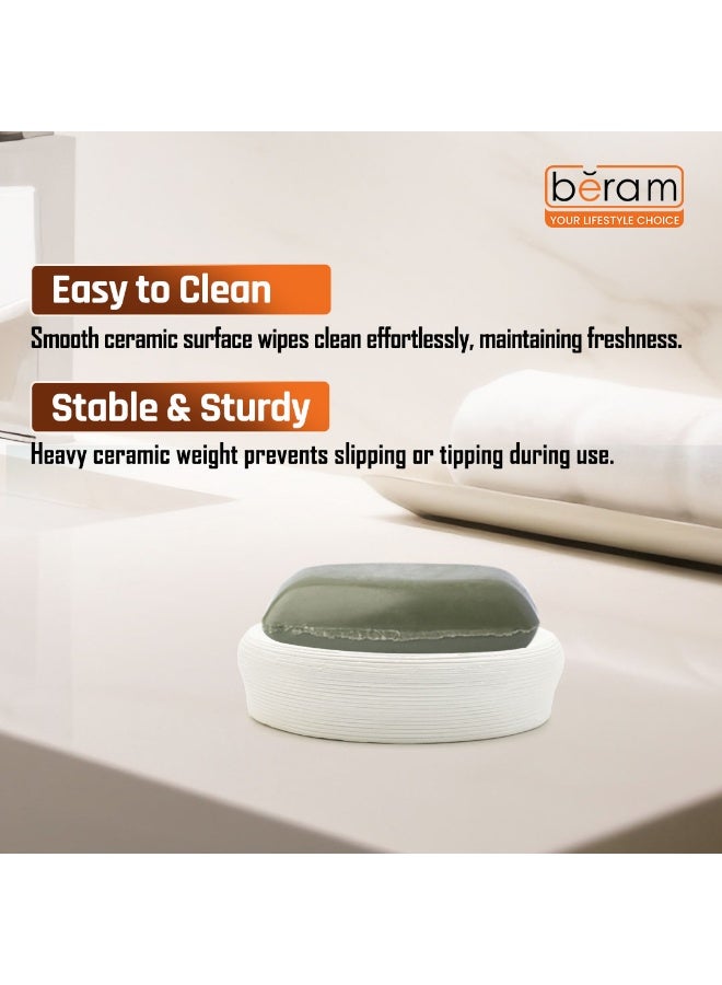 بيرام مجموعة بحركة بيضاء لخدمات الحمام برام 5 قطع تصميم خزفي ذو نسيج طبيعي مع موزع صابون حاملة فرشاة أسنان كوب حاملة متعددة الاستخدامات وصحن صابون (حامل صابون) - Image 5