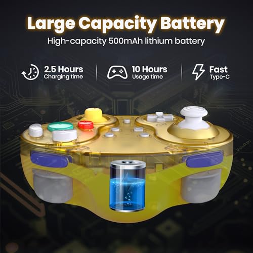 SAFFUN 2 Pack 2.4 GHz Wireless GameCube Switch2 Pro Controller, for NGC GameCube Console, Switch/Switch OLED/ Switch2, PC, Steam Deck, PC (Built-in Rumble) (Rechargeable) (Plug and Play) Clear Yellow - Image 4