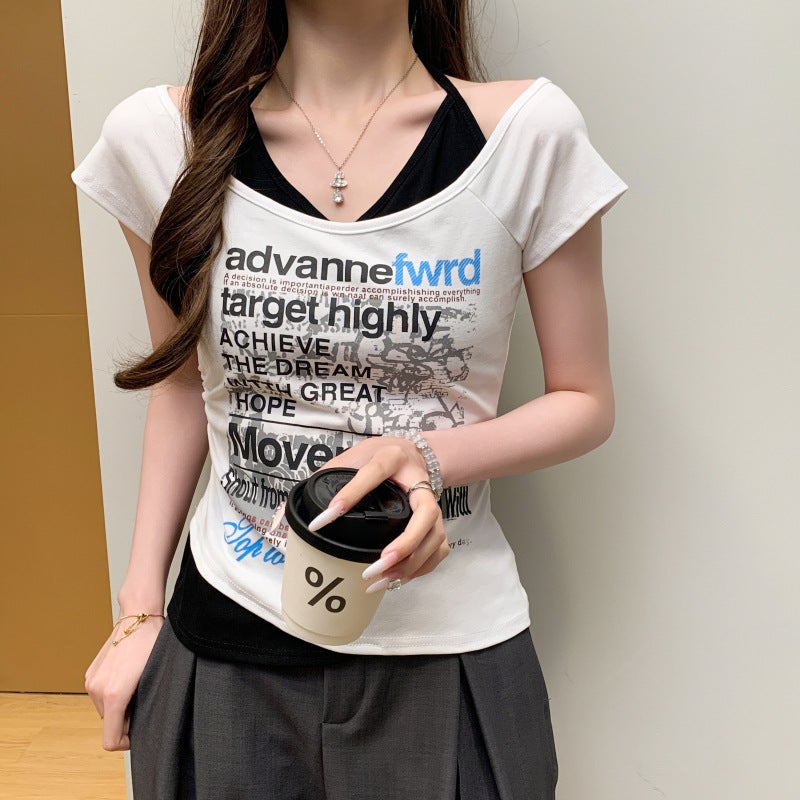 Real Shot of Hot Girl American Retro Letter Printed Short-Sleeved T-Shirt for Women in Summer Contrasting Fake Two-Piece White Top - Image 3