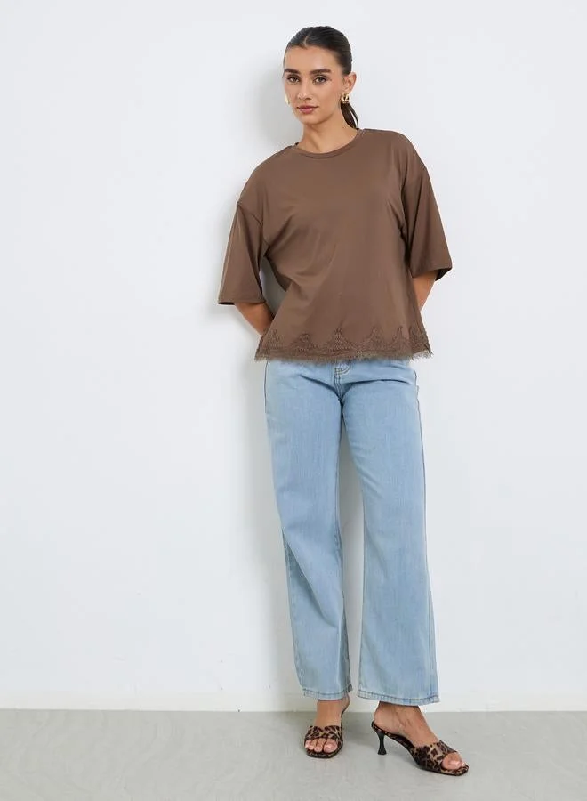 Styli Women Brown Lace Hem Oversized T-Shirt