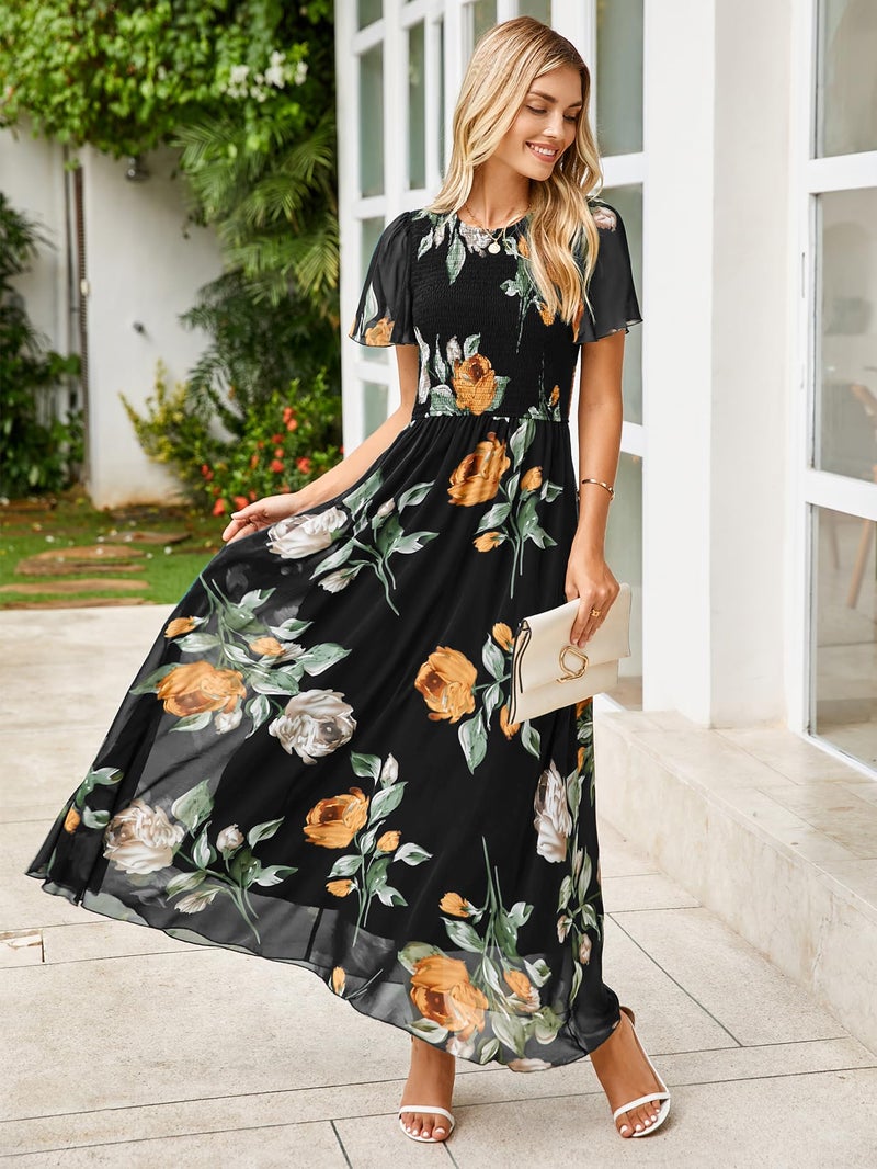 Simplee Apparel Simplee Womens Summer Boho Maxi Dress Floral Short Sleeve Evening Dresses Ruched Flowy Prom Beach Black Wedding Guest Dress(Black XL) - Image 2
