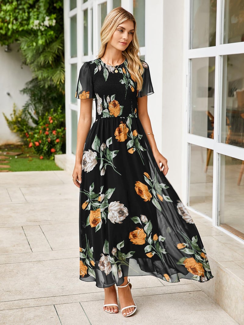 Simplee Apparel Simplee Womens Summer Boho Maxi Dress Floral Short Sleeve Evening Dresses Ruched Flowy Prom Beach Black Wedding Guest Dress(Black XL) - Image 4