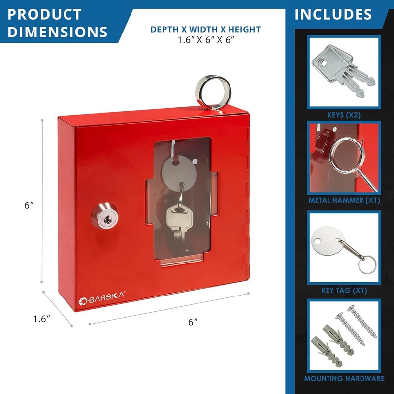 BARSKA Barska Red Key Lock Breakable Glass Window Alarm Emergency Key Storage Lock Box with Attached Hammer for Home and Business - Image 3
