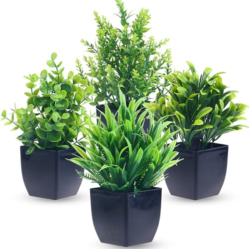 GREENTIME 4 Pack Fake Plants in Black Pot Mini Artificial Eucalyptus Potted Plant Small Faux Grass Greenery Potted for Indoor Home Office Farmhouse Bathroom Table Decoration - Image 1