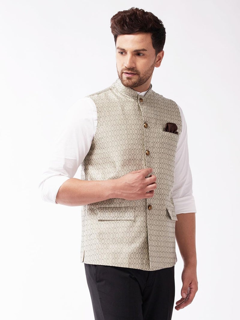 VASTRAMAY Men's Grey Silk Blend Nehru Jackets_VASMJ105BG_36 - Image 3