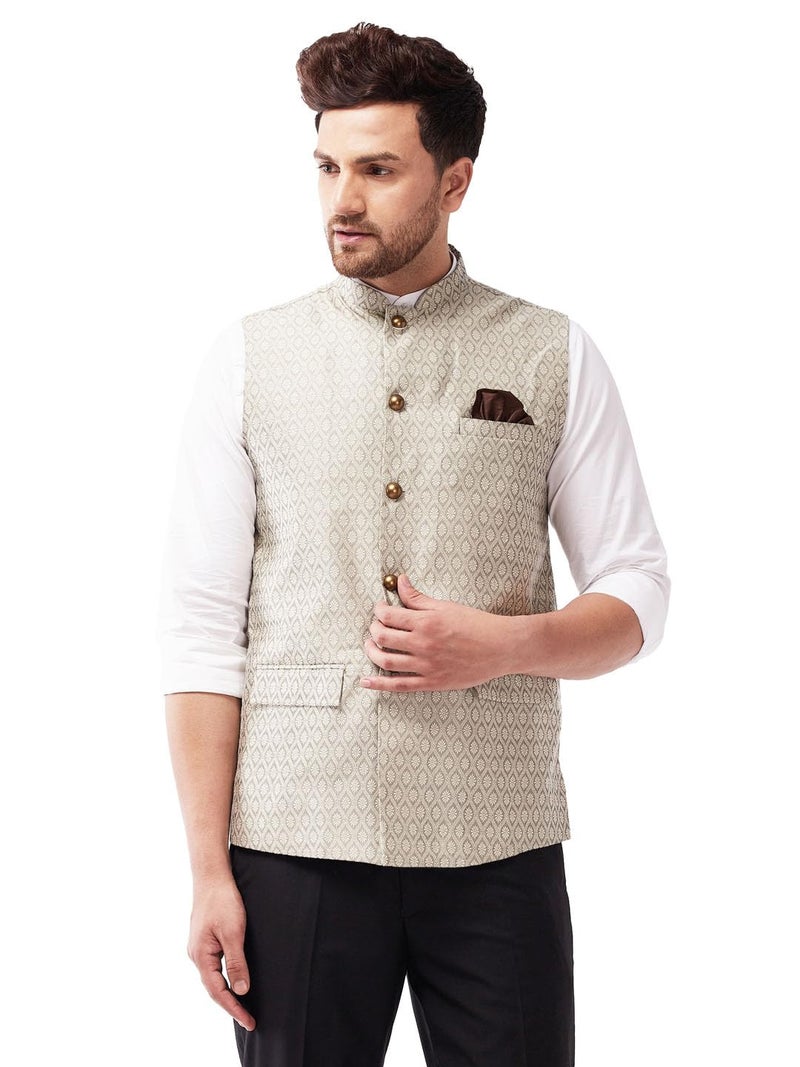 VASTRAMAY Men's Grey Silk Blend Nehru Jackets_VASMJ105BG_36 - Image 1