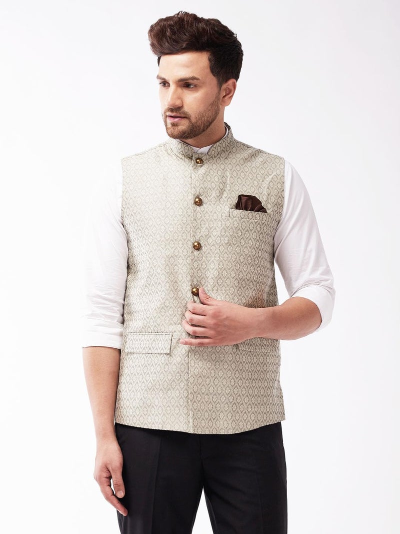 VASTRAMAY Men's Grey Silk Blend Nehru Jackets_VASMJ105BG_36 - Image 2