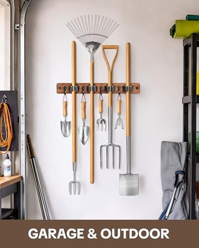 Lorbro 2 Pack Broom Holder Wall Mount, Wooden Broom and Mop Organizer Wall Hanging, Mop Hanger Rack with 4 Slots & 4 Hooks, Tool Organizer for Laundry Room, Closet, Garage, Kitchen - Image 5