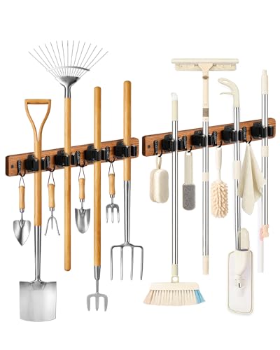 Lorbro 2 Pack Broom Holder Wall Mount, Wooden Broom and Mop Organizer Wall Hanging, Mop Hanger Rack with 4 Slots & 4 Hooks, Tool Organizer for Laundry Room, Closet, Garage, Kitchen - Image 1
