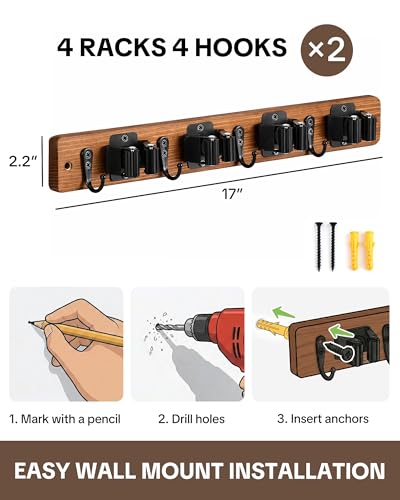 Lorbro 2 Pack Broom Holder Wall Mount, Wooden Broom and Mop Organizer Wall Hanging, Mop Hanger Rack with 4 Slots & 4 Hooks, Tool Organizer for Laundry Room, Closet, Garage, Kitchen - Image 3
