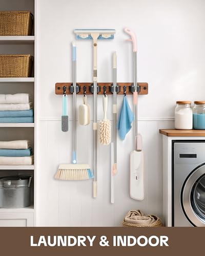 Lorbro 2 Pack Broom Holder Wall Mount, Wooden Broom and Mop Organizer Wall Hanging, Mop Hanger Rack with 4 Slots & 4 Hooks, Tool Organizer for Laundry Room, Closet, Garage, Kitchen - Image 4