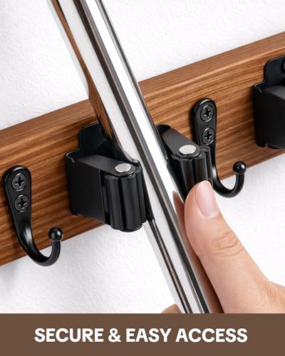 Lorbro 2 Pack Broom Holder Wall Mount, Wooden Broom and Mop Organizer Wall Hanging, Mop Hanger Rack with 4 Slots & 4 Hooks, Tool Organizer for Laundry Room, Closet, Garage, Kitchen - Image 2
