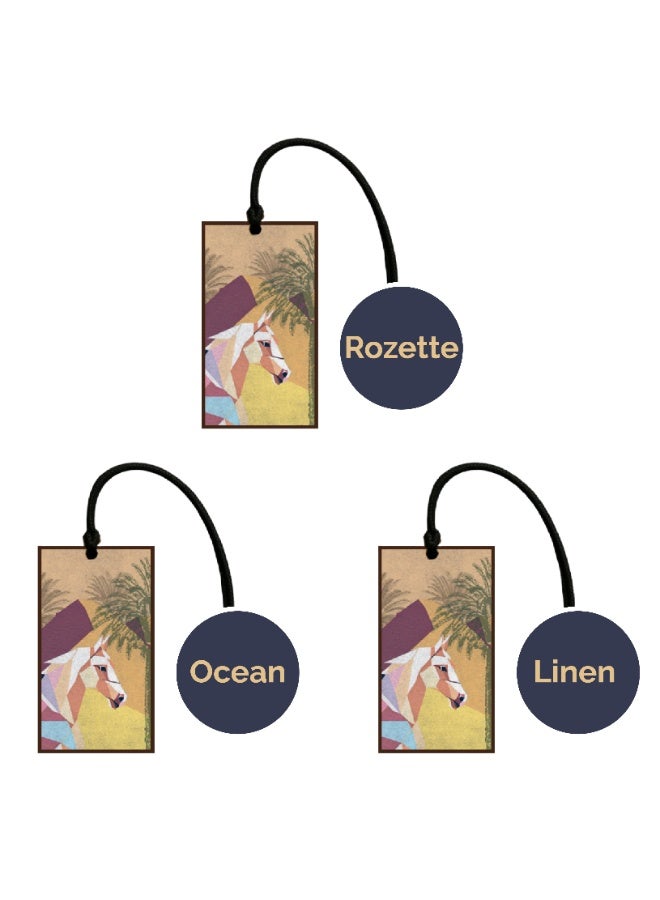 Rozette Rosette Car Air Freshener – Set of 3 (Rozette, Linen & Ocean Scents) | Long-Lasting Luxury Fragrance for Cars | Elegant Hanging Design - Image 1
