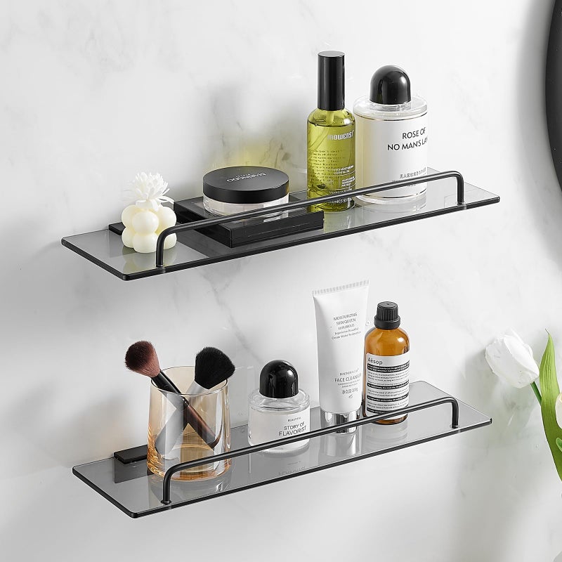 Voldra 2 Pack Glass Shelf for Bathroom 157In Bathroom Shelves Wall Mounted Tempered Glass Shelf with Rail Floating ShelvesBlack