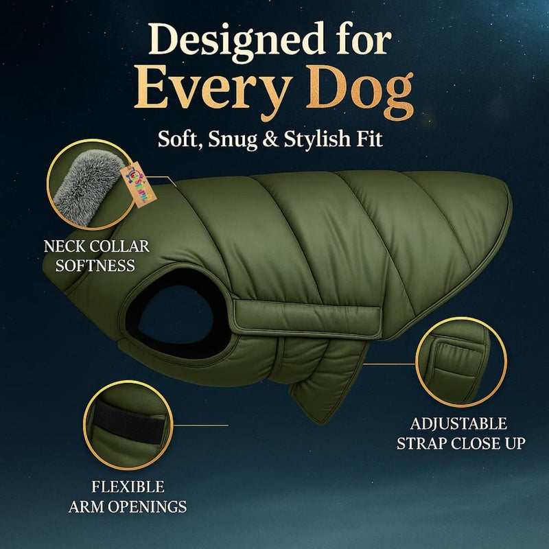 Western Era Dog Fur Quilted Olive Green Winter Coat for Dogs | Warm Padded Jacket Soft Fur Collar | Windproof Cold Weather Outfit for Walks Clothing | Adjustable Belly Strap (XXLarge - 22inch) - Image 5