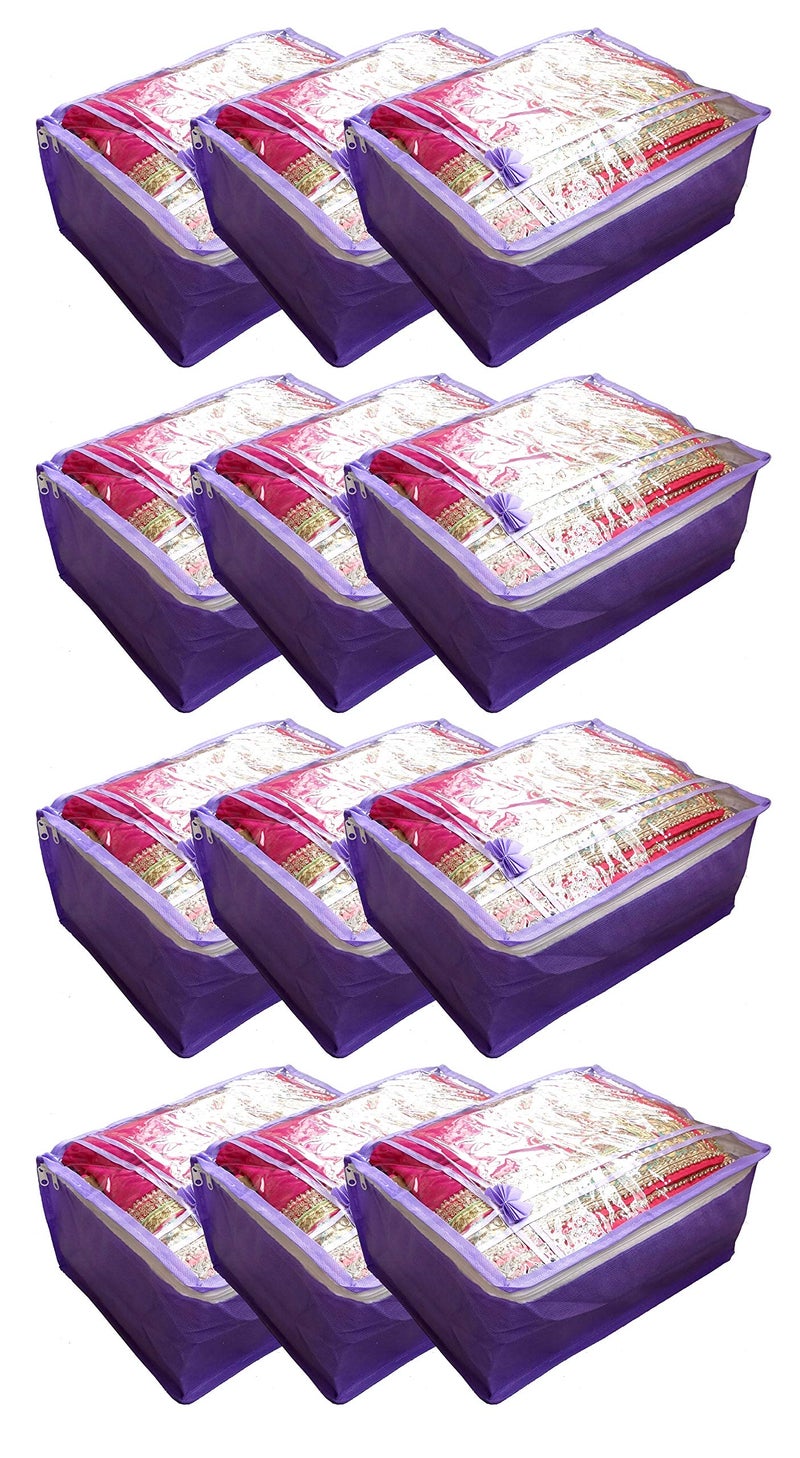DIKHAWA Non Woven Transparent Top Saree Cover Bag, Cloth Cover Set for Storage with Zip (Set of 12_Purple_43X33X18CM) - Image 1