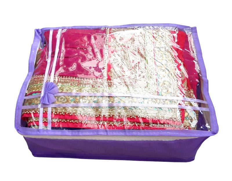 DIKHAWA Non Woven Transparent Top Saree Cover Bag, Cloth Cover Set for Storage with Zip (Set of 12_Purple_43X33X18CM) - Image 5