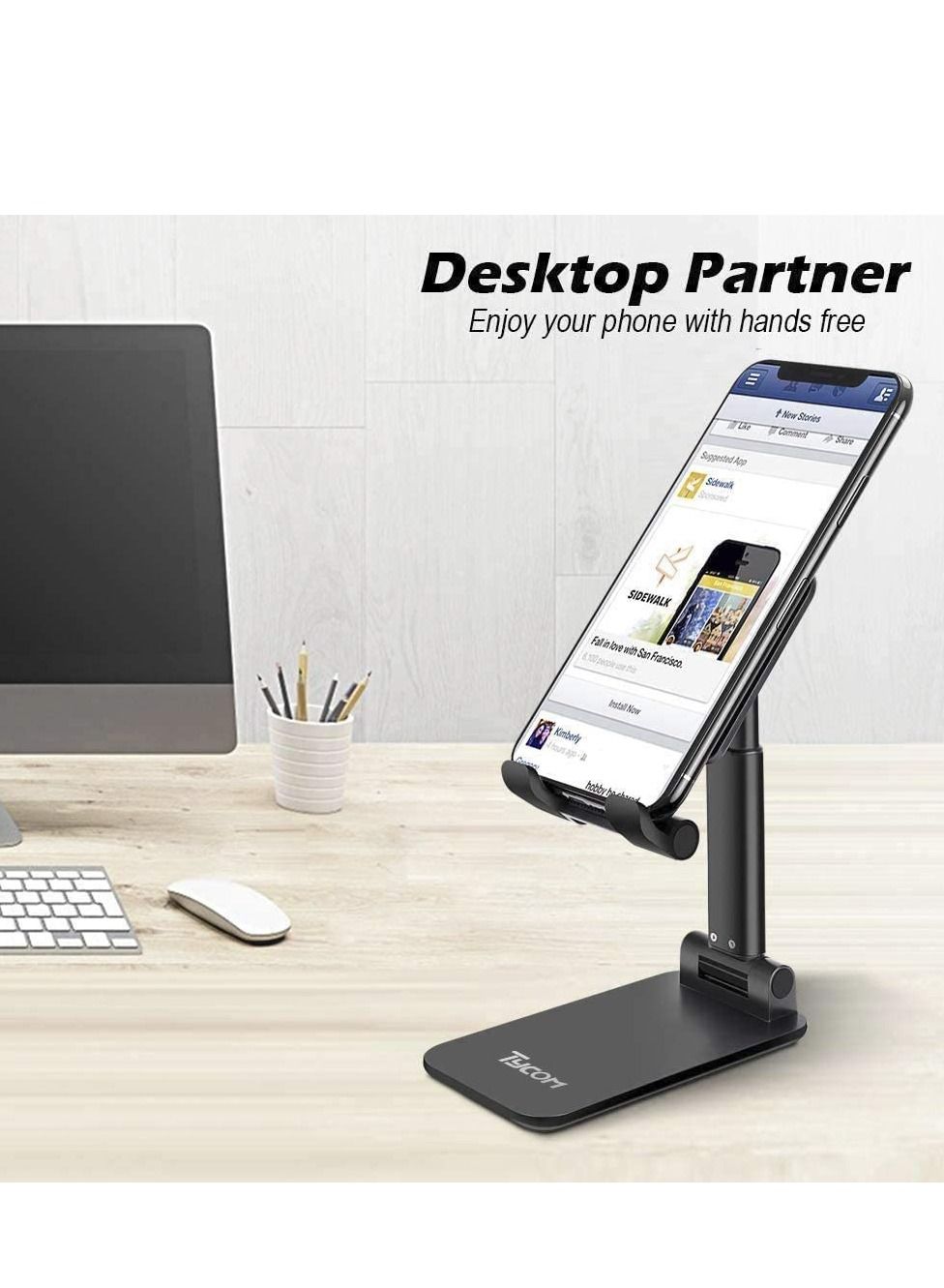 TyCom Cell Phone Stand, Adjustable phone holder for Desk, Foldable Desktop Tablet Stand Holder, Double Adjustable Mobile stand Phone Tablet Holder (Black) 