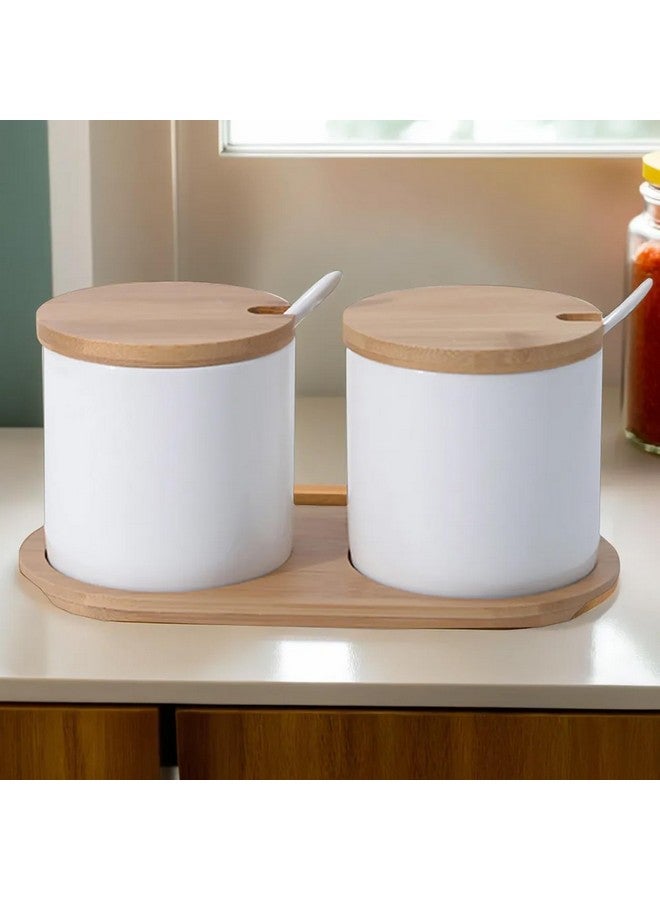 The Better Home مجموعة Better Home من 2 جرة سيراميك مع أغطية من الخيزران | ملعقة وصينية | 250 مل | حاويات توابل متعددة الاستخدامات للطرشي والصلصات والبهارات | منظم ومخزن للمطبخ | أبيض - Image 1