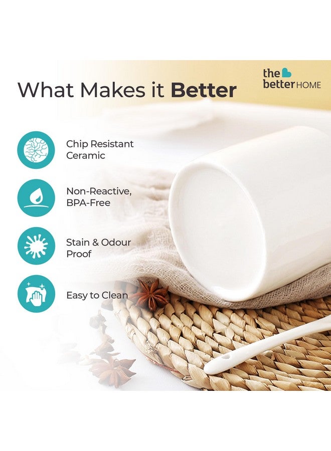 The Better Home مجموعة Better Home من 2 جرة سيراميك مع أغطية من الخيزران | ملعقة وصينية | 250 مل | حاويات توابل متعددة الاستخدامات للطرشي والصلصات والبهارات | منظم ومخزن للمطبخ | أبيض - Image 2